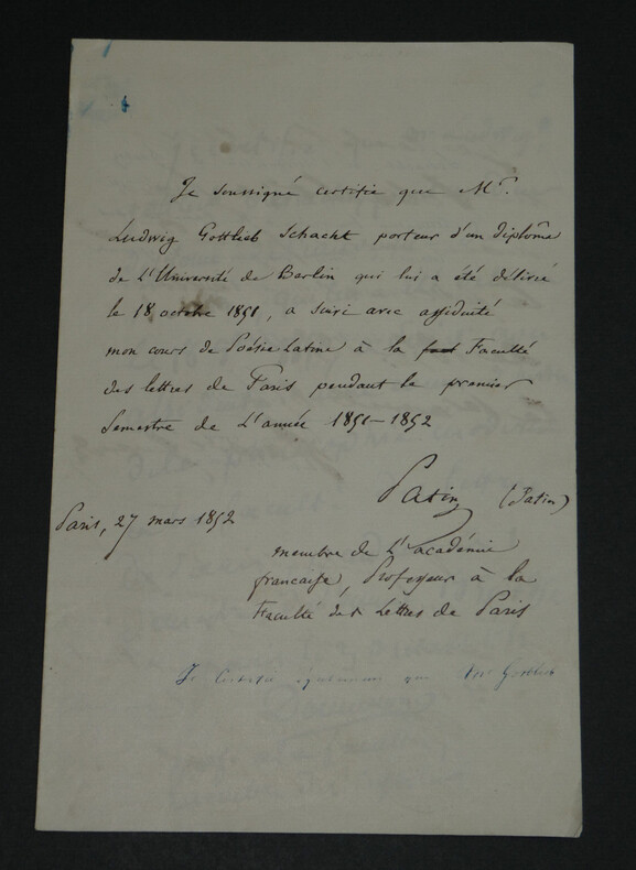 PATIN, G&Eacute;RUZEZ, DAMIRON et GIRARDIN - CERTIFICAT AUTOGRAPHE SIGN&Eacute; &Agrave; 4 MAINS 1852. Henri PATIN, Eug&egrave;ne G&Eacute;RUZEZ, Jean-Philibert DAMIRON, Saint-Marc ...