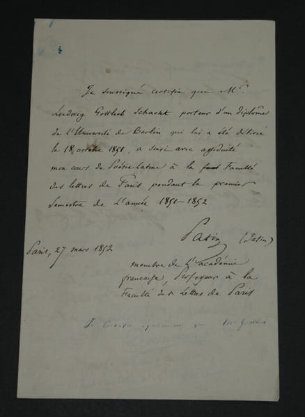 PATIN, G&Eacute;RUZEZ, DAMIRON et GIRARDIN - CERTIFICAT AUTOGRAPHE SIGN&Eacute; &Agrave; 4 MAINS 1852. Henri PATIN, Eug&egrave;ne G&Eacute;RUZEZ, Jean-Philibert DAMIRON, Saint-Marc ...