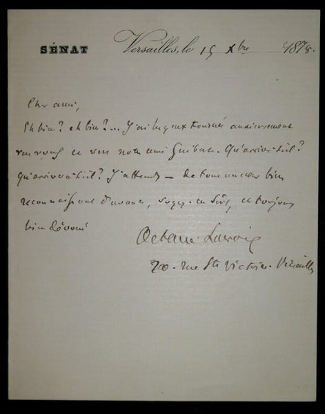 LETTRE AUTOGRAPHE SIGN&Eacute;E S&Eacute;NAT, VERSAILLES, 1875. Octave Lacroix de Crespel