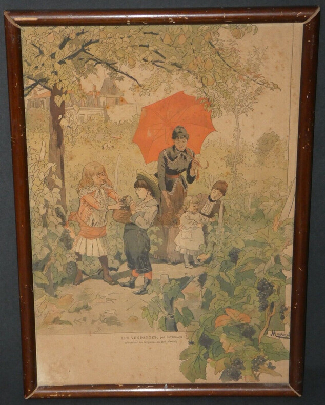 Gravure en couleur " Les Vendanges" de Myrbach. Myrbach