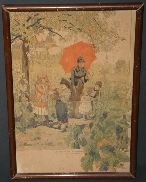 Gravure en couleur " Les Vendanges" de Myrbach. Myrbach