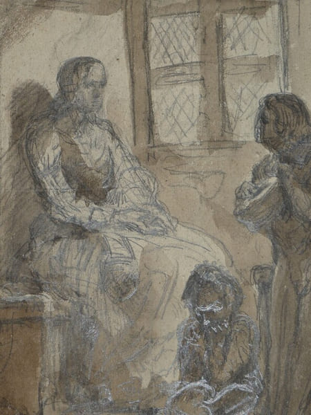 Dessin au crayon et lavis- Figures f&eacute;minines dans un boudoir, XIX &egrave;me.. Anonyme