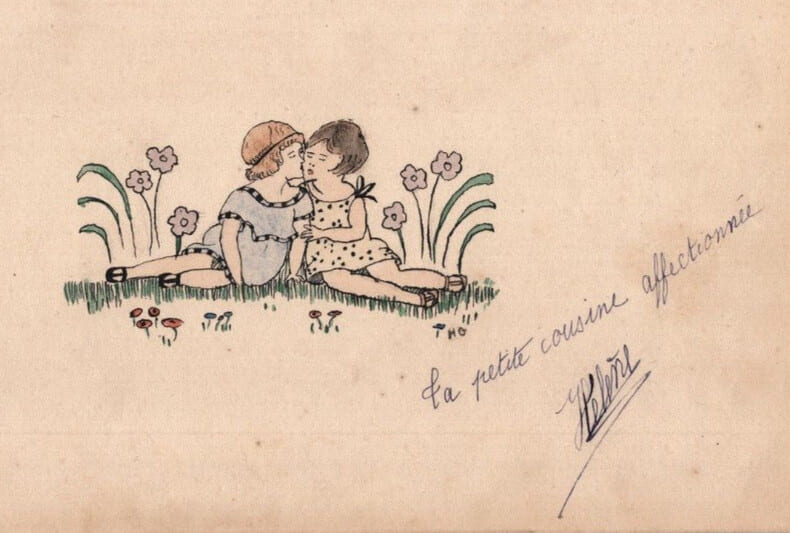 Dessin &agrave; l'encre et aux crayons de couleur "La petite cousine affectionn&eacute;" sign&eacute; H&eacute;l&egrave;ne. H&eacute;l&egrave;ne