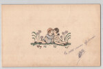 Dessin &agrave; l'encre et aux crayons de couleur "La petite cousine affectionn&eacute;" sign&eacute; H&eacute;l&egrave;ne. H&eacute;l&egrave;ne