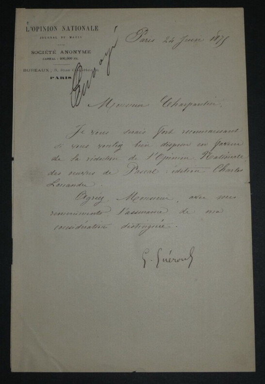 Georges GUEROULT, Journaliste - LETTRE AUTOGRAPHE SIGNEE, Paris, 1875. Georges GUEROULT