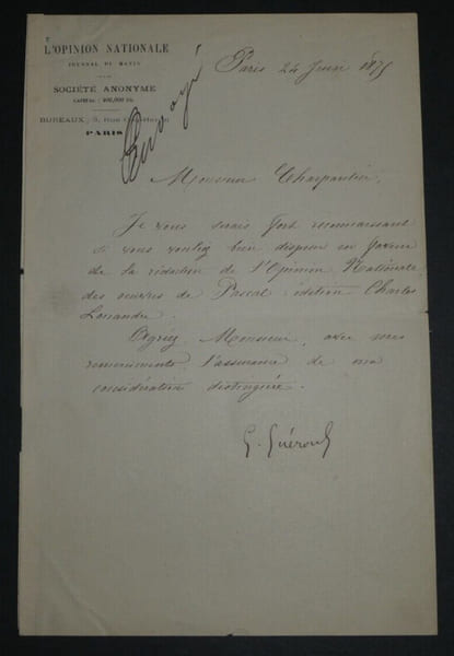 Georges GUEROULT, Journaliste - LETTRE AUTOGRAPHE SIGNEE, Paris, 1875. Georges GUEROULT