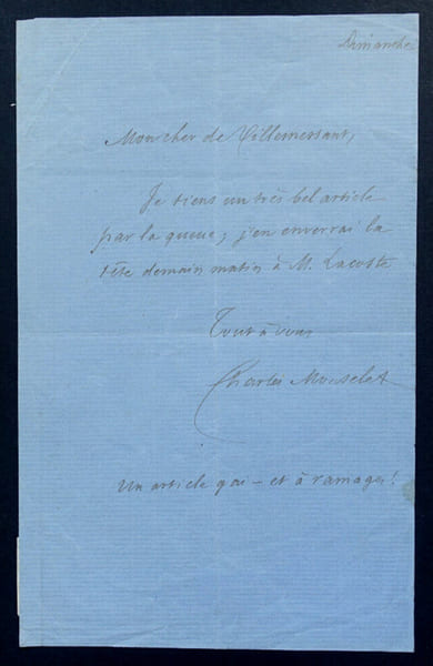 Charles MONSELET - Lettre autographe sign&eacute;e adress&eacute;e &agrave; Hippolyte DE VILLEMESSANT. Charles Monselet