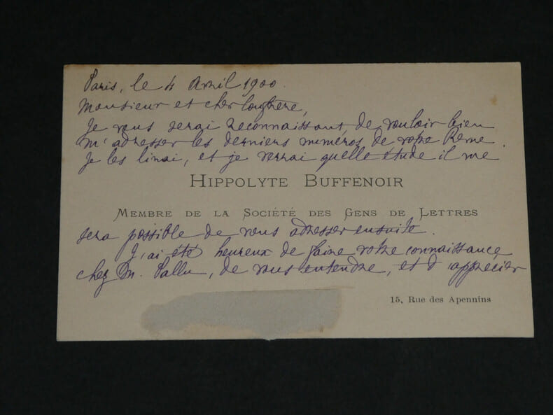 Hippolyte BUFFENOIR - Carte de visite autographe sign&eacute;e, 1900. Hippolyte BUFFENOIR