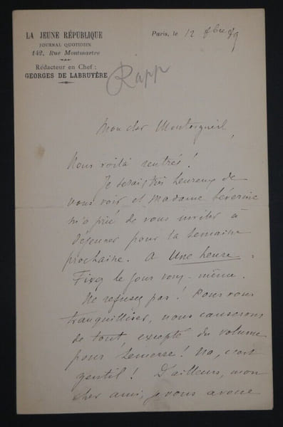 Eug&egrave;ne RAPP, dessinateur, RARE LETTRE AUTOGRAPHE SIGN&Eacute;E MONTORGUEIL, Paris 1889. Eug&egrave;ne RAPP