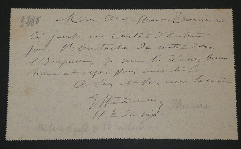Jules STEENMAN - Lettre autographe sign&eacute;e, 24 f&eacute;vrier 1884, Paris - Ma&icirc;tre de chapelle &agrave; Saint-Eustache. Jules STEENMAN