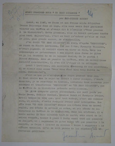 AUMONT Jean-Pierre - &Eacute;bauche discours avant-premi&egrave;re "Un beau dimanche", 1952. Jean-Pierre Aumont