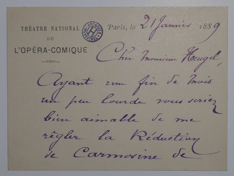 LETTRE AUTOGRAPHE SIGN&Eacute;E, OP&Eacute;RA COMIQUE de PARIS, 1889. BOURGEOIS Emile