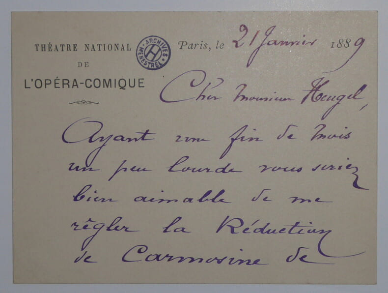 LETTRE AUTOGRAPHE SIGN&Eacute;E, OP&Eacute;RA COMIQUE de PARIS, 1889. BOURGEOIS Emile