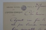 LETTRE AUTOGRAPHE SIGN&Eacute;E, OP&Eacute;RA COMIQUE de PARIS, 1889. BOURGEOIS Emile