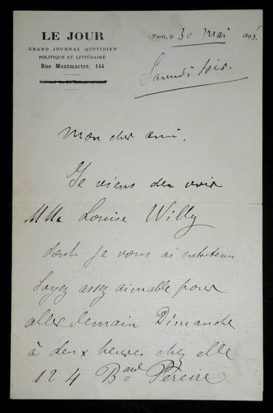 Max MAUREY - LETTRE AUTOGRAPHE SIGN&Eacute;E, Paris, 1896. Max Maurey