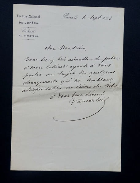 VAUCORBEIL Auguste - LETTRE AUTOGRAPHE SIGN&Eacute;E, &Agrave; PROPOS DU CID 1883. Auguste Vaucorbeil