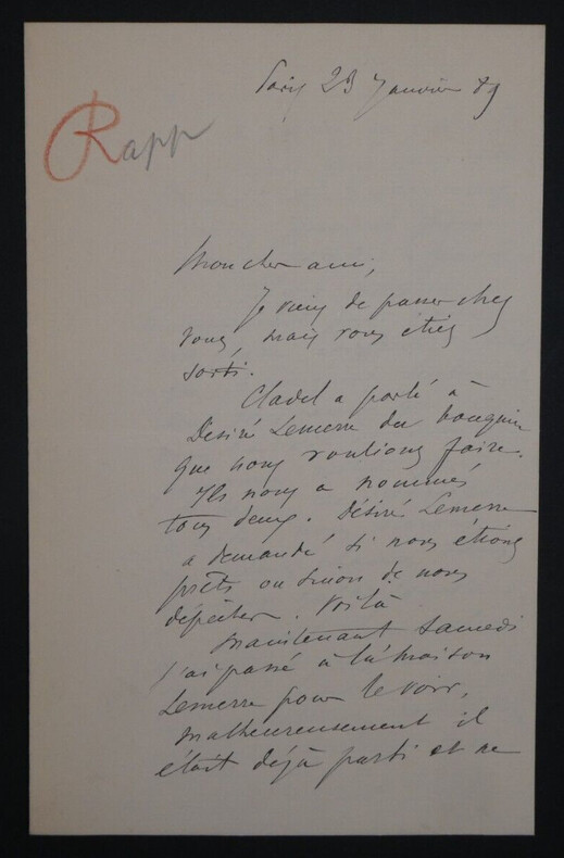 Eug&egrave;ne RAPP dessinateur RARE LETTRE AUTOGRAPHE SIGN&Eacute;E Mr. MONTORGUEIL Paris 1889. Eug&egrave;ne RAPP