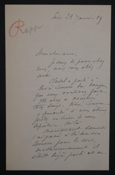 Eug&egrave;ne RAPP dessinateur RARE LETTRE AUTOGRAPHE SIGN&Eacute;E Mr. MONTORGUEIL Paris 1889. Eug&egrave;ne RAPP