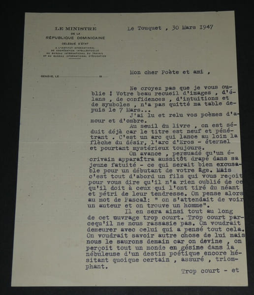 Maurice d'HARTOY Tapuscrit sign&eacute; 1947 2 pages "un destin po&eacute;tique". Maurice d'HARTOY