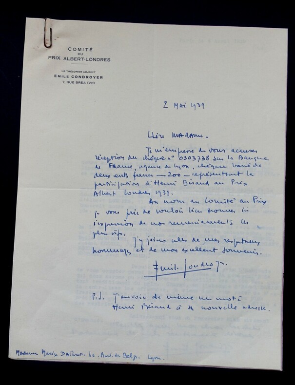 Correspondance entre Emile Condroyer et Marise Dalbret, Henri B&eacute;raud 1939. Emile Condroyer, Marise Dalbret, Henri B&eacute;raud