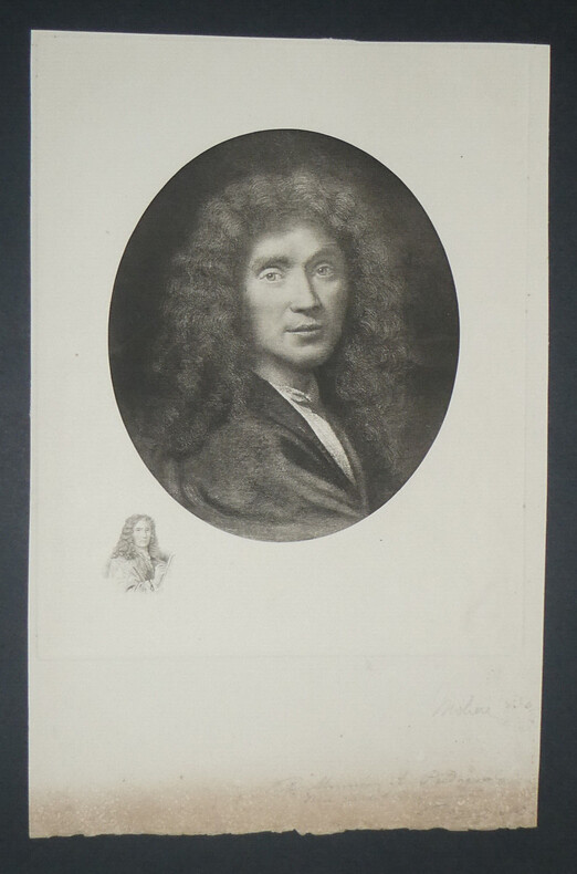Gravure d'un portrait de Moli&egrave;re avec d&eacute;dicace illisible et tampon sec "L. DIGUES PARIS". Moli&egrave;re