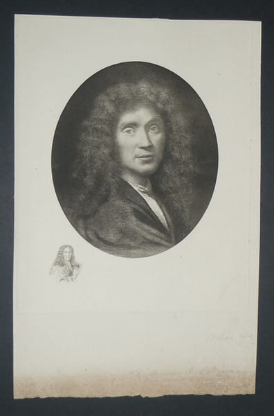 Gravure d'un portrait de Moli&egrave;re avec d&eacute;dicace illisible et tampon sec "L. DIGUES PARIS". Moli&egrave;re