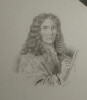 Gravure d'un portrait de Moli&egrave;re avec d&eacute;dicace illisible et tampon sec "L. DIGUES PARIS". Moli&egrave;re
