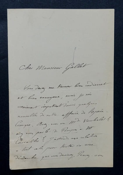 LETTRE AUTOGRAPHE SIGN&Eacute;E &Agrave; Louis GALLET, OPERA COMIQUE 1882. Etienne H&eacute;mery