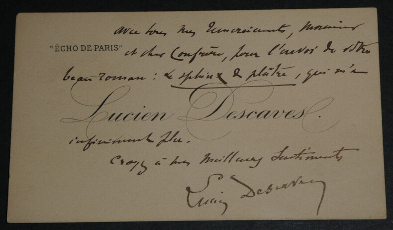Lucien DESCAVES, Ecrivain - CARTE DE VISITE AUTOGRAPHE SIGN&Eacute;E. Lucien DESCAVES