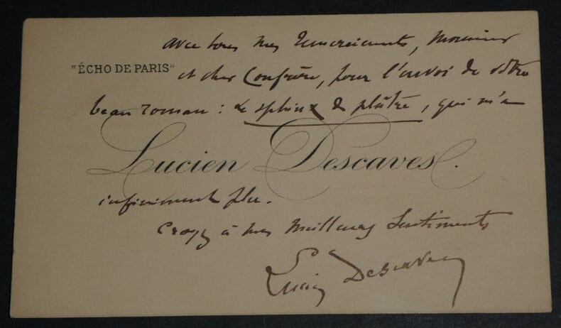 Lucien DESCAVES, Ecrivain - CARTE DE VISITE AUTOGRAPHE SIGN&Eacute;E. Lucien DESCAVES