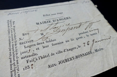 Bon de logement pour soldats de la ville d'Angers, Alexandre Joubert, 1832