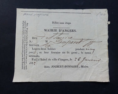 Bon de logement pour soldats de la ville d'Angers, Alexandre Joubert, 1832