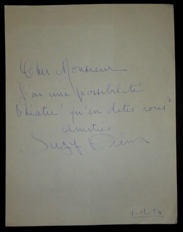 LETTRE AUTOGRAPHE SIGNEE, PARIS, 1954. Suzy Prim