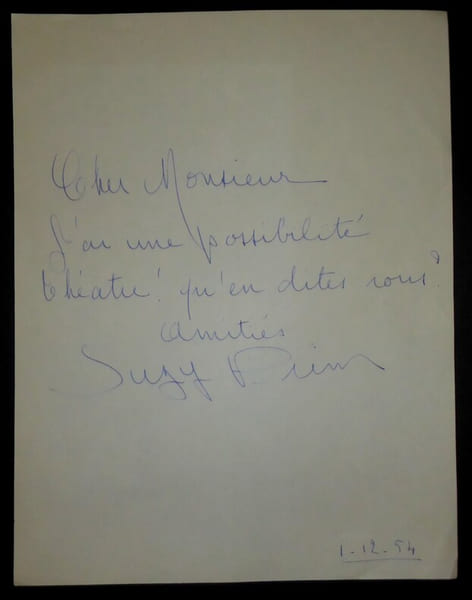 LETTRE AUTOGRAPHE SIGNEE, PARIS, 1954. Suzy Prim