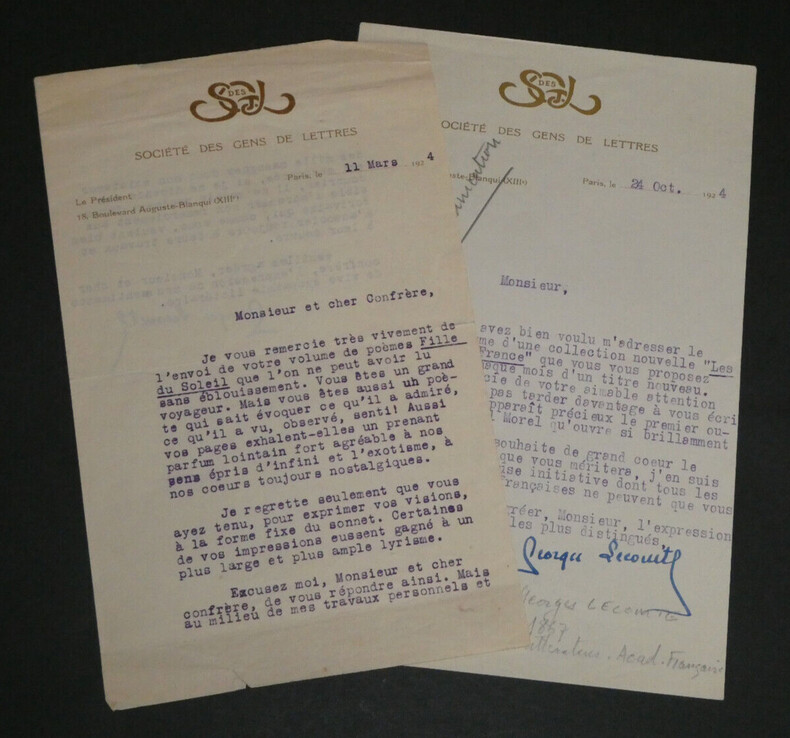 Georges Lecomte - Deux lettres dactylographi&eacute;es sign&eacute;es - 1924. Georges Lecomte