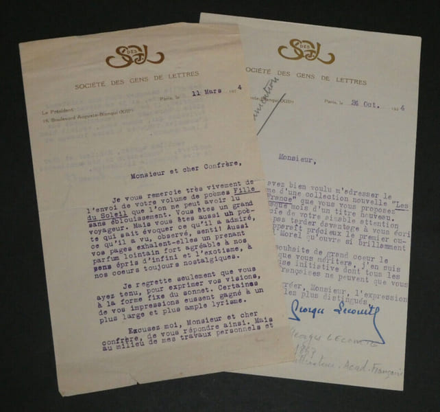 Georges Lecomte - Deux lettres dactylographi&eacute;es sign&eacute;es - 1924. Georges Lecomte