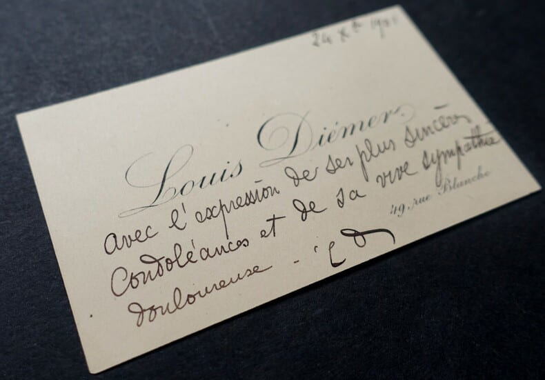DIEMER Louis - Carte de visite autographe sign&eacute;e, condol&eacute;ances, 24 d&eacute;cembre 1901. Louis Di&eacute;mer