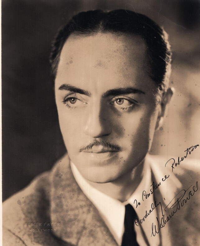 William POWELL, D&eacute;dicace autographe sign&eacute;e sur Photographie imprim&eacute;e avec Gauffrage Elmer FRIER Hollywood. William Powell