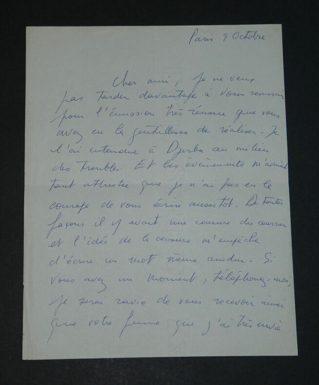 Arlette AYMONIER - Lettre autographe sign&eacute;e &agrave; un ami - Paris. Arlette AYMONIER