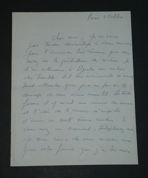 Arlette AYMONIER - Lettre autographe sign&eacute;e &agrave; un ami - Paris. Arlette AYMONIER