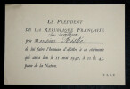 Carton d'invitation pour la C&eacute;r&eacute;monie du 11 mai 1947, adress&eacute; &agrave; l'Ambassadeur de Yougoslavie, Marko Ristic. Jacques Dumaine