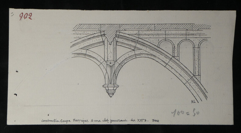 Trac&eacute; sch&eacute;matique d'une clef pendante du XVIe si&egrave;cle - Dessin original sign&eacute;. Louis Henri Laffill&eacute;e