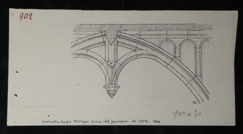 Trac&eacute; sch&eacute;matique d'une clef pendante du XVIe si&egrave;cle - Dessin original sign&eacute;. Louis Henri Laffill&eacute;e
