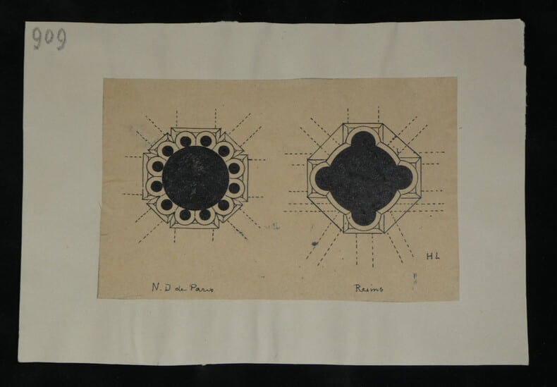 Plans de piliers du XIIIe si&egrave;cle - Cath&eacute;drale de Reims & Notre-Dame de Paris - Dessin original sign&eacute;. Louis Henri Laffill&eacute;e
