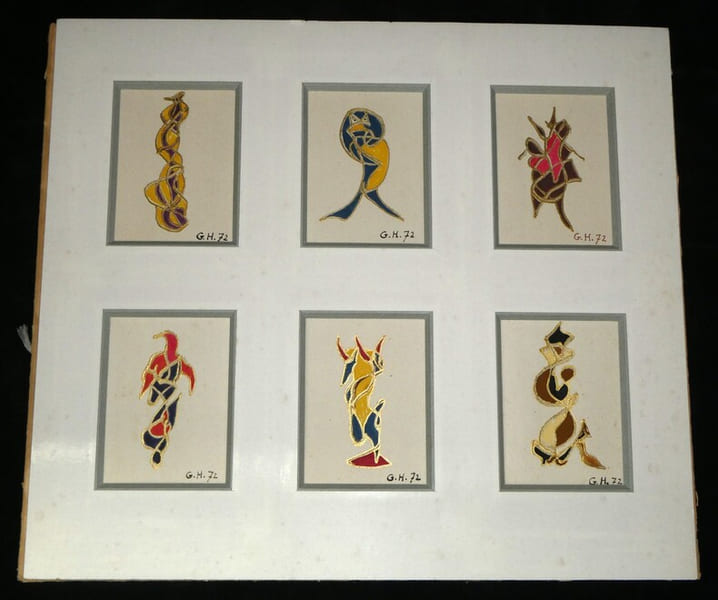 Georges Hugnet - Suite de 6 dessins originaux &agrave; la gouache sign&eacute;s - 1972. Georges Hugnet