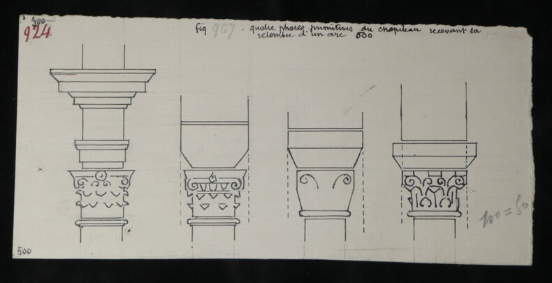 Quatre phases primitives de l'&eacute;volution du chapiteau recevant la retomb&eacute;e d'un arc — Dessin original sign&eacute;. Louis Henri Laffill&eacute;e