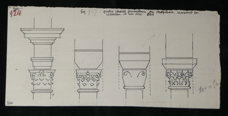 Quatre phases primitives de l'&eacute;volution du chapiteau recevant la retomb&eacute;e d'un arc — Dessin original sign&eacute;. Louis Henri Laffill&eacute;e