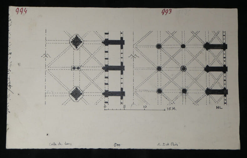 Dessin original sign&eacute; - Plans d'une trav&eacute;e de Notre-Dame de Paris & de la cath&eacute;drale de Sens. Louis Henri Laffill&eacute;e