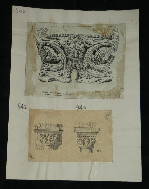 Chapiteaux jumel&eacute;s de l'ancien clo&icirc;tre de Saint-R&eacute;my &agrave; Reims, Chapiteau normand dit &agrave; godrons, Chapiteau &eacute;pannel&eacute; et sculpt&eacute; — Dessin original sign&eacute;. ...