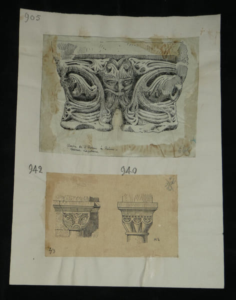 Chapiteaux jumel&eacute;s de l'ancien clo&icirc;tre de Saint-R&eacute;my &agrave; Reims, Chapiteau normand dit &agrave; godrons, Chapiteau &eacute;pannel&eacute; et sculpt&eacute; — Dessin original sign&eacute;. ...